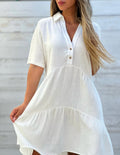 Casual short-sleeved cotton and linen dress