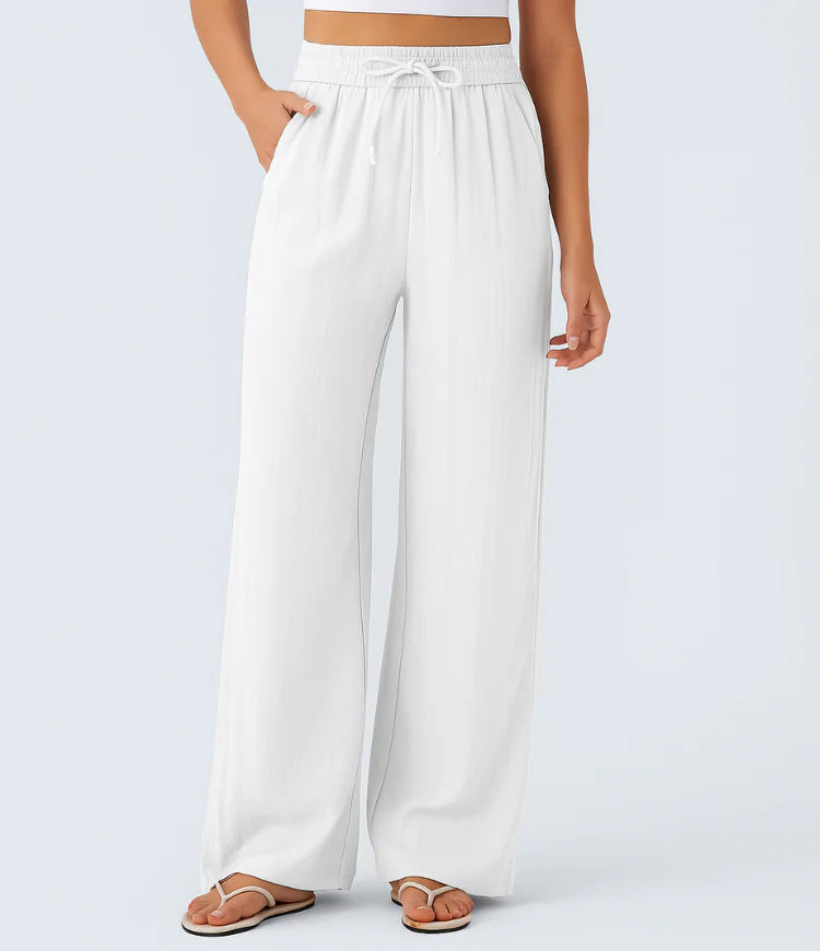 Drawstring side pocket casual linen trousers